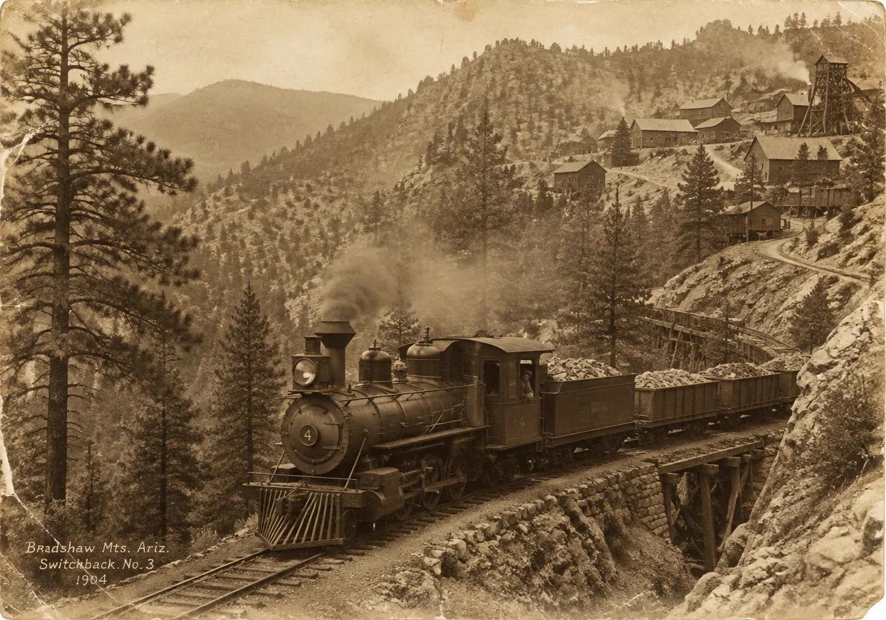 Archival-style sepia photograph of a steam locomotive climbing a switchback in the Bradshaw Mountains